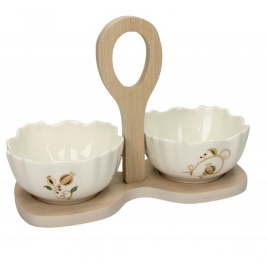 BRANDANI ANTIPASTIERA SET 2 PZ IN PORCELLANA CON SUPPORTO IN BAMBOO NATURALE